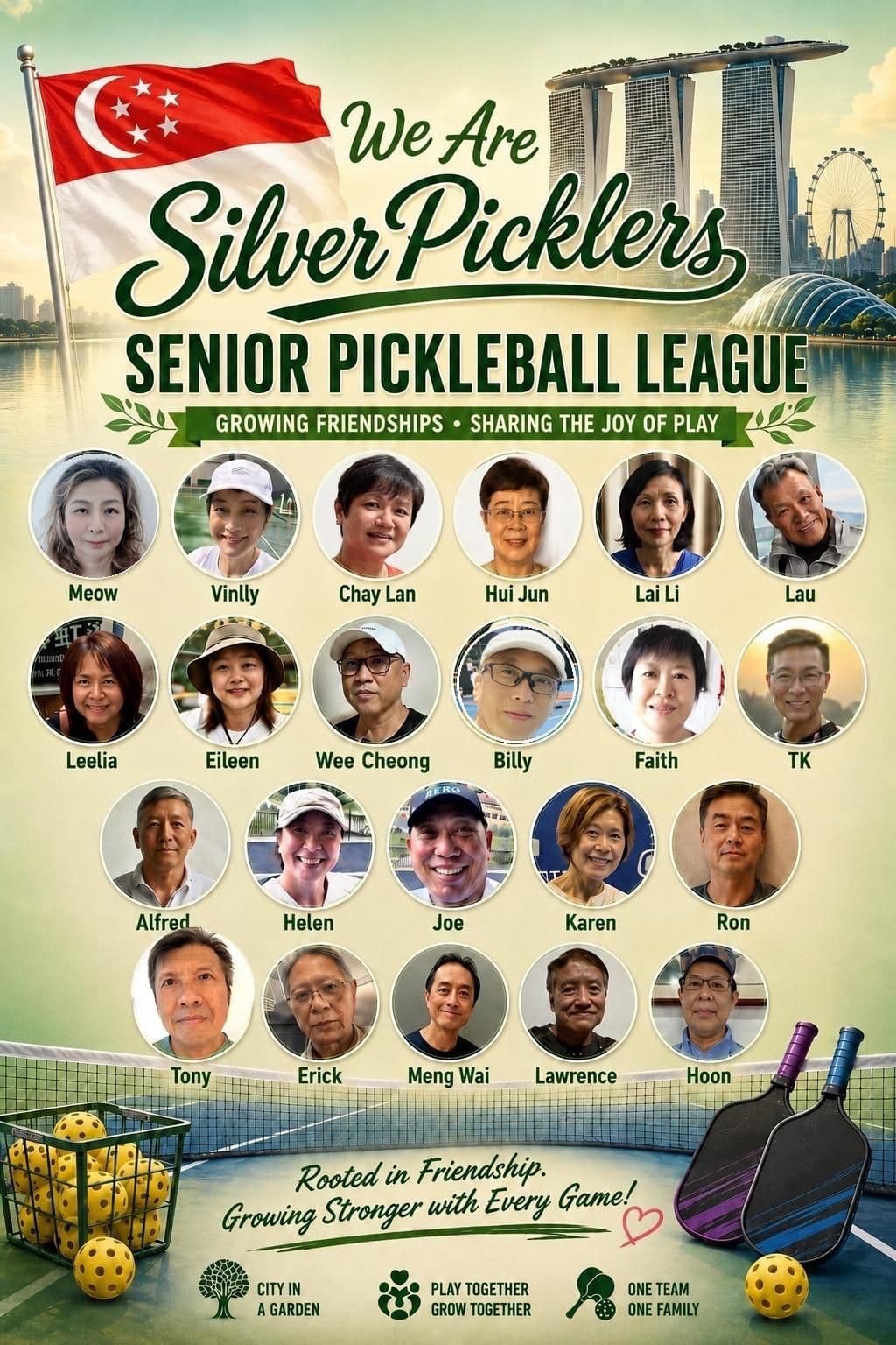 Silver Picklers team poster: 22 senior pickleball players in individual portraits over a Marina Bay Sands backdrop, under the banner 'We Are Silver Picklers — Senior Pickleball League — Growing Friendships, Sharing the Joy of Play.'